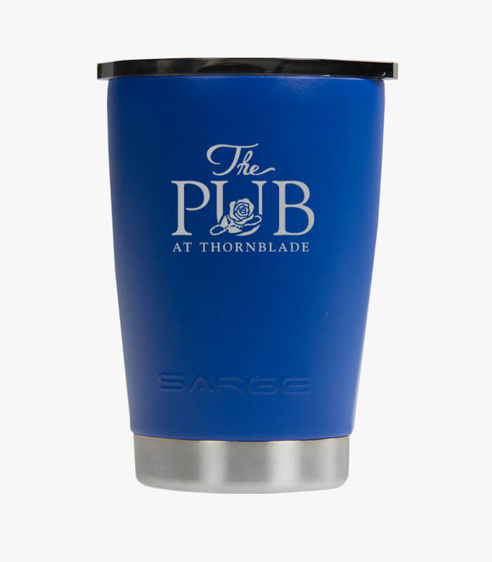 Blue lowball tumbler holds 10 ounces and can be logoed