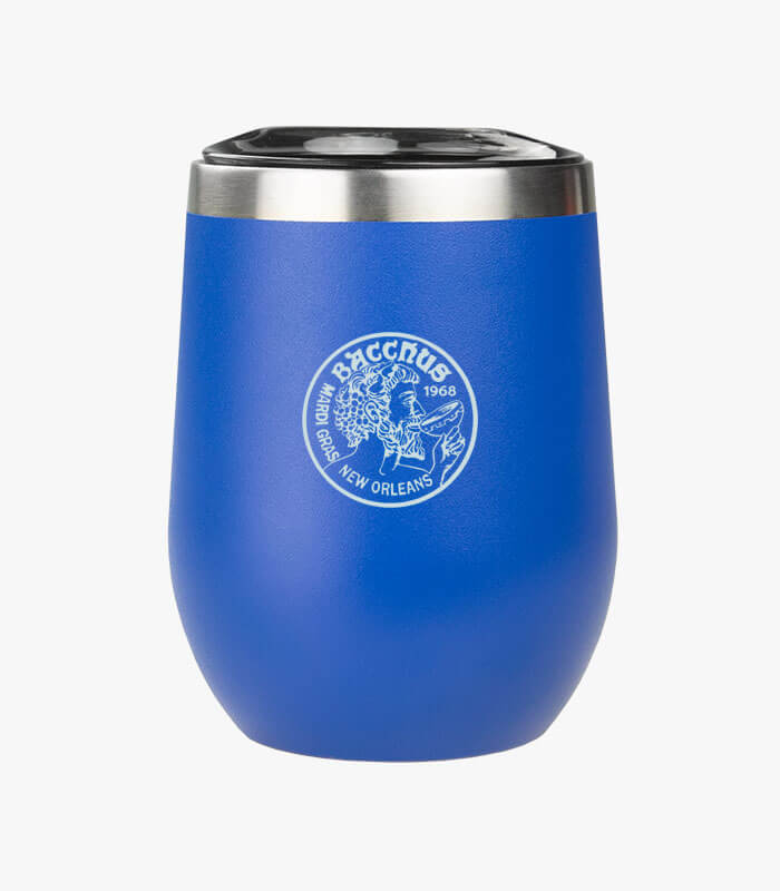Vino blue stemless wine glasses come in pairs and can be laser engraved with a logo