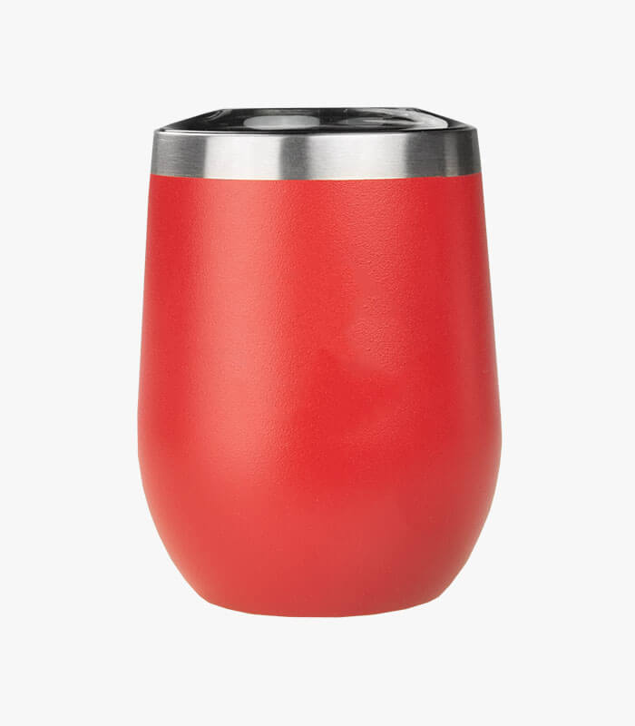 Vino red stemless wine glasses come in pairs and can be laser engraved with a logo