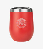 Vino red stemless wine glasses come in pairs and can be laser engraved with a logo