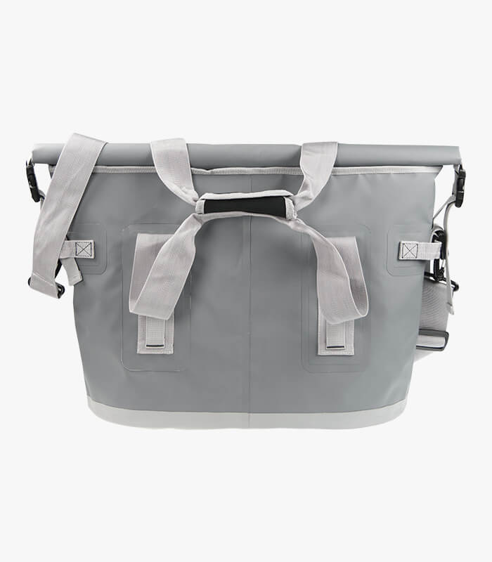 Gray roll top cooler bag (back view) can be logoed