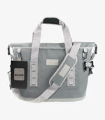 Gray roll top cooler bag can be logoed with black accessory pouch
