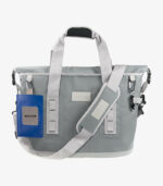 Gray roll top cooler bag can be logoed with blue accessory pouch