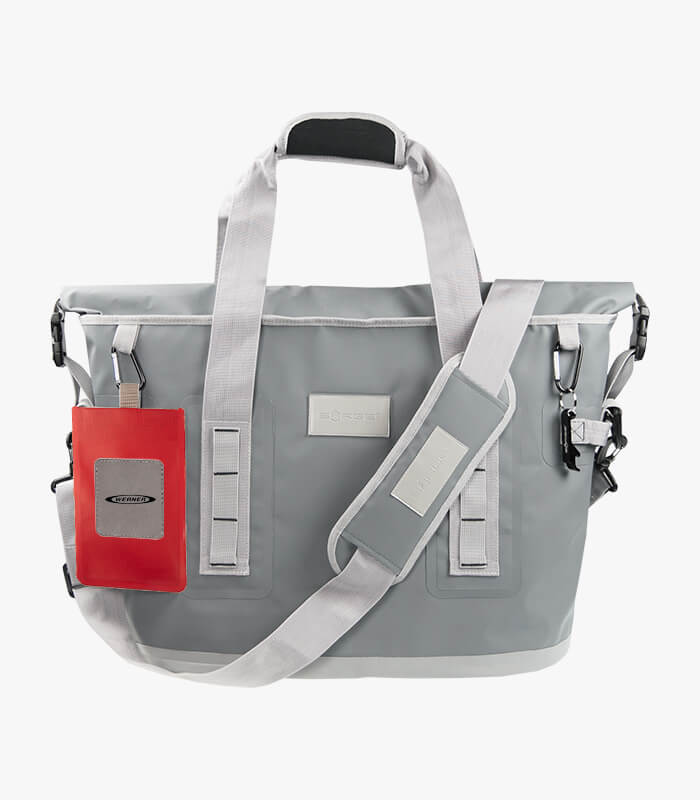 Gray roll top cooler bag can be logoed with red accessory pouch