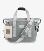 Gray roll top cooler bag can be logoed with white accessory pouch