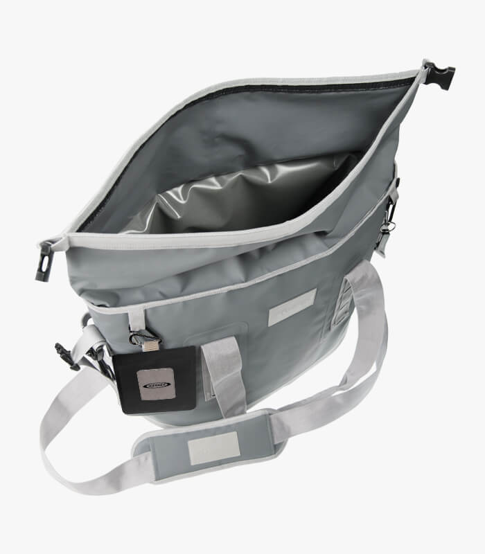 Gray roll top cooler bag can be logoed