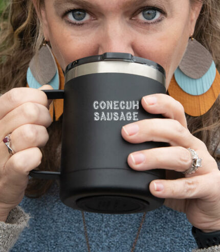 Aroma black coffee mug holds 12 ounces and can be custom logoed.