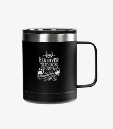 Aroma black coffee mug holds 12 ounces and can be custom logoed.