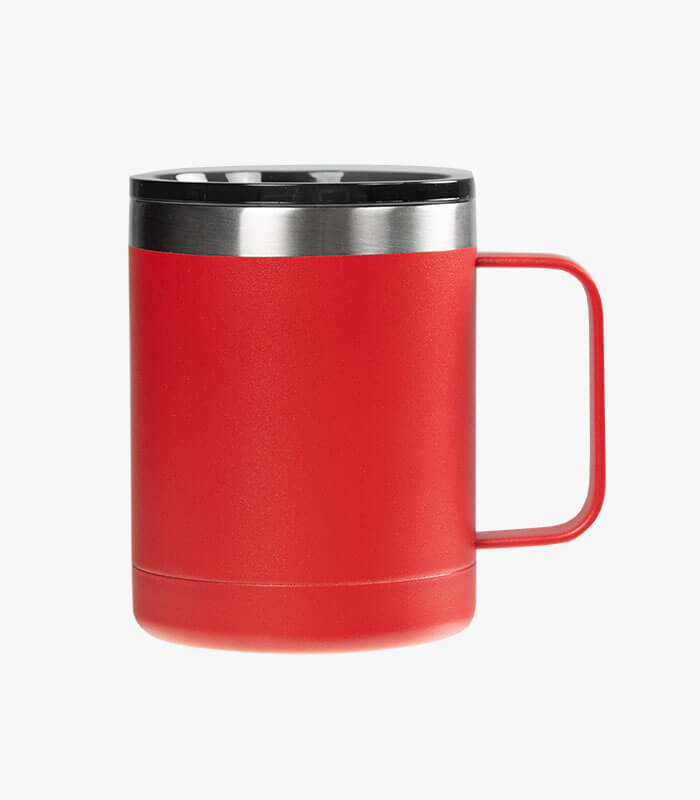 Aroma red coffee mug holds 12 ounces and can be custom logoed.