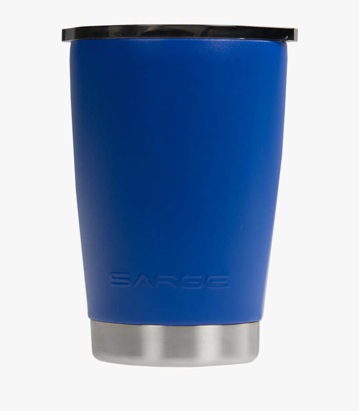 Blue lowball tumbler holds 10 ounces and can be logoed