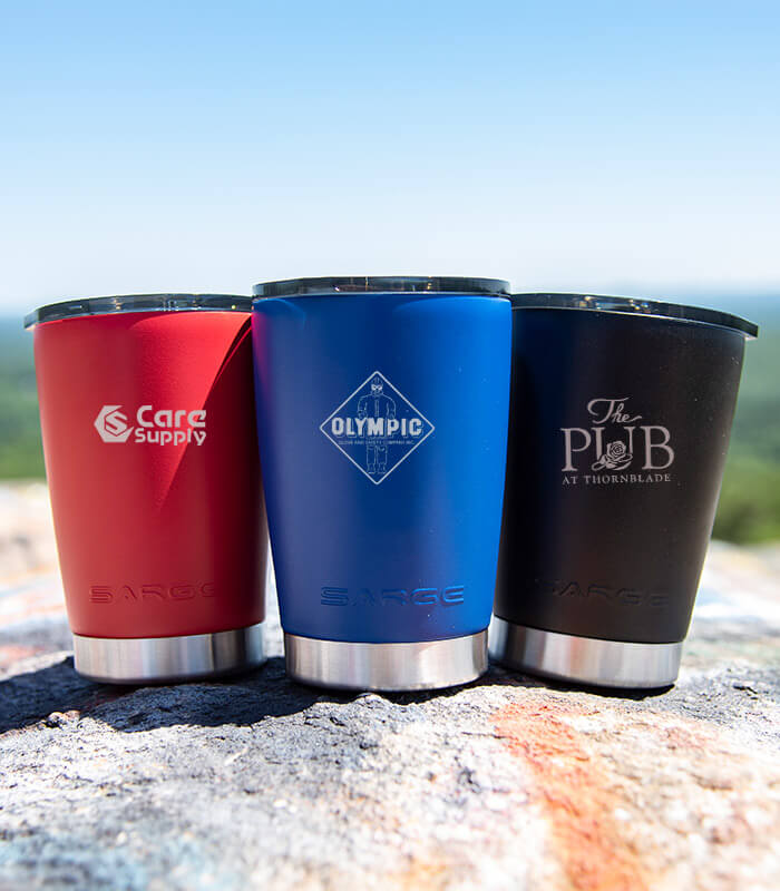 Lowball tumblers engraved with logos