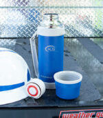 Sarge's blue thermos will keep beverages hot or cold and can be logoed.