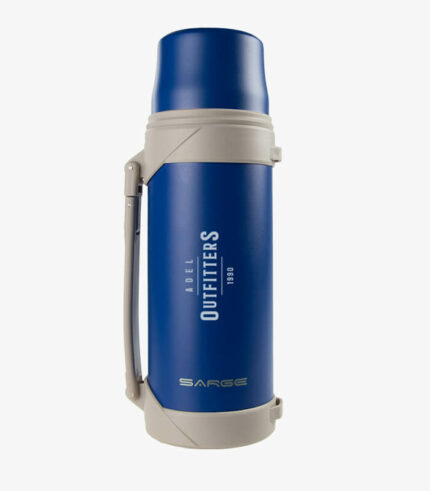 Sarge's blue thermos will keep beverages hot or cold and can be logoed.