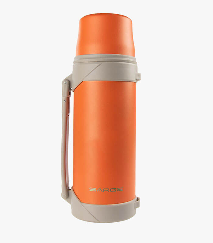 Sarge's orange thermos will keep beverages hot or cold and can be logoed.