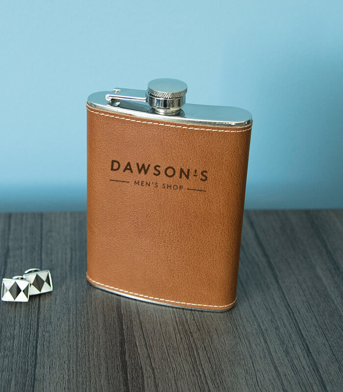 Sipper leather flask holds 8 ounces and can be laser engraved with your logo
