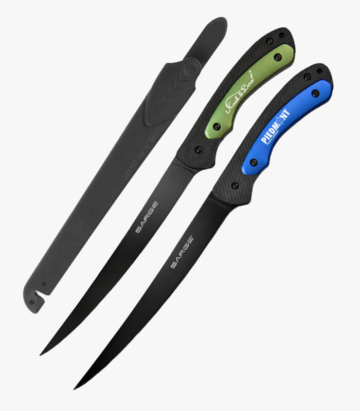 Sarge's blue and green fillet knife features a 7.5" blade and can be custom logoed.