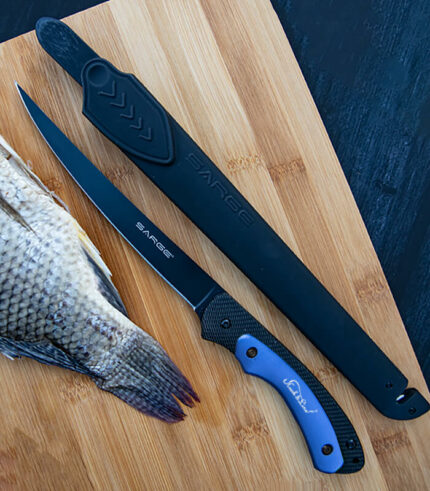 Sarge's blue fillet knife features a 7.5" blade and can be custom logoed.