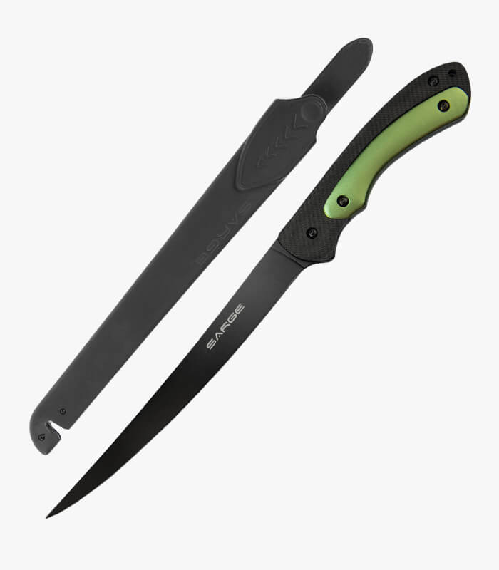 Sarge's green fillet knife features a 7.5" blade and can be custom logoed.