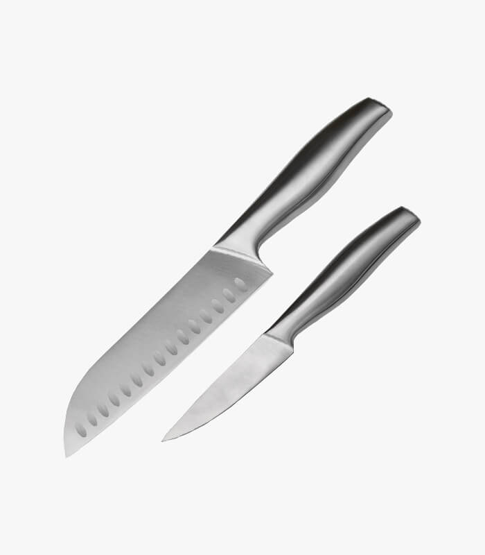 The Traveling Chef 2pc knife set has a 7" blade Santoku Knife and a 4" paring knife. The pouch can be laser engraved with a logo.