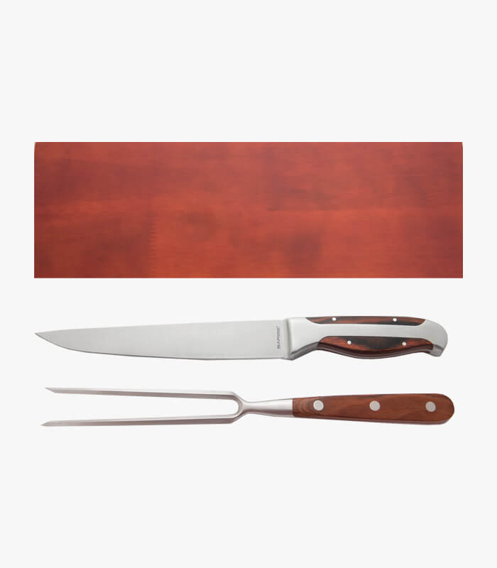 The Prime Cut 2pc carving set holds a 11.5" overall carving fork and a 12.5" carving knife in a sleek wood presentation box.