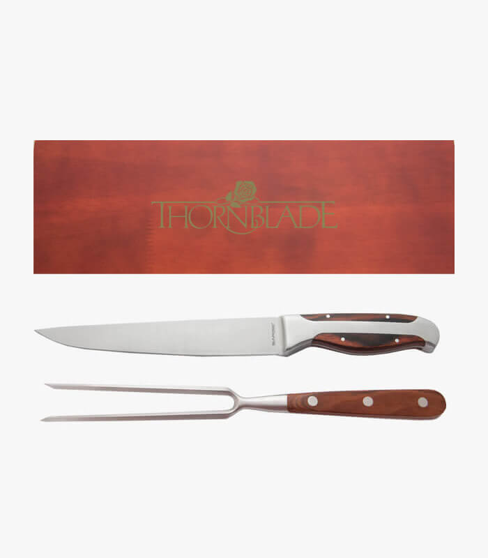 The Prime Cut 2pc carving set holds a 11.5" overall carving fork and a 12.5" carving knife in a sleek wood presentation box.