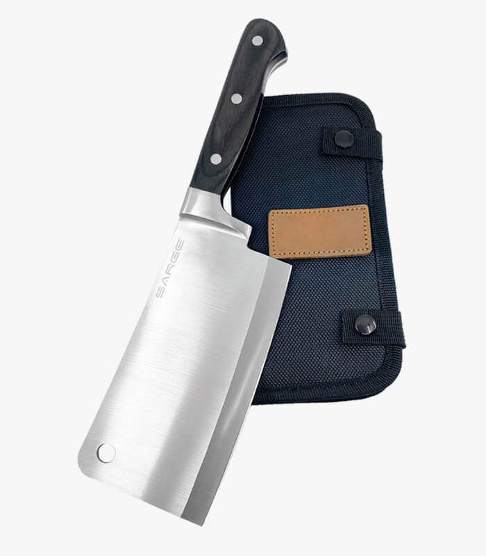 The Chop meat cleaver has a 6" full tang blade. The sheath can be laser engraved