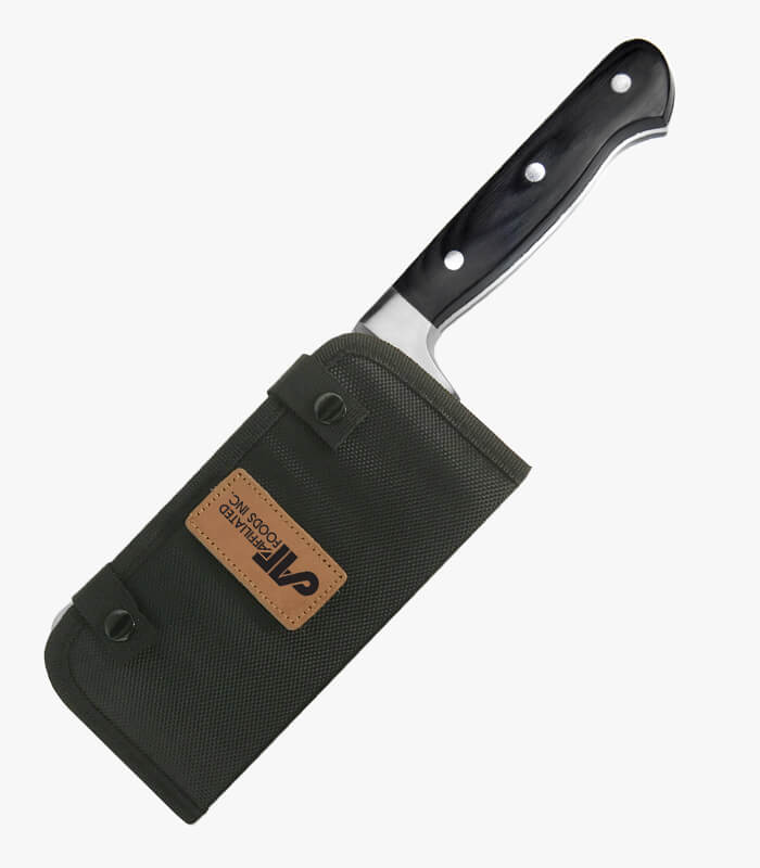 The Chop meat cleaver has a 6" full tang blade. The sheath can be laser engraved