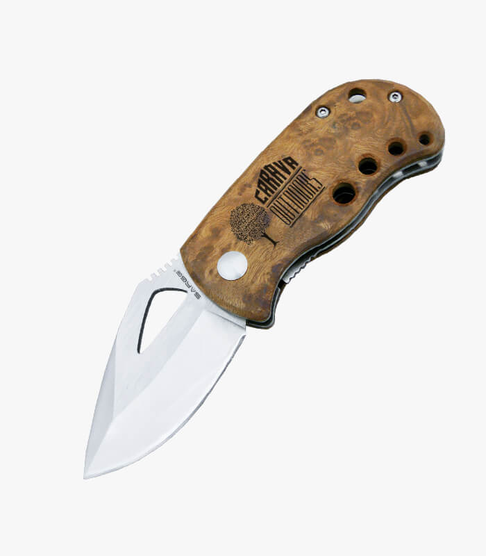 Maple burl knife with logo engraved on front