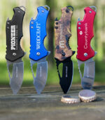 Black, blue, red & camo handled knives & multi-tools with bottle openers