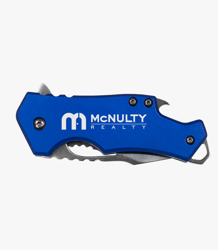 A blue handled knife & multi-tool with bottle opener