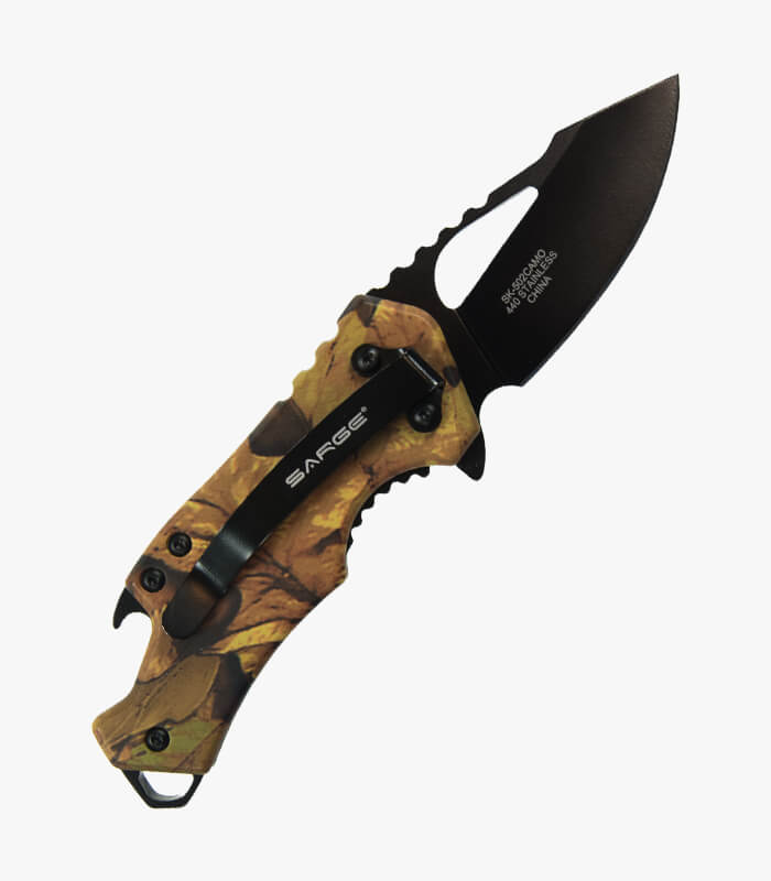 A camo handled knife & multi-tool with bottle opener