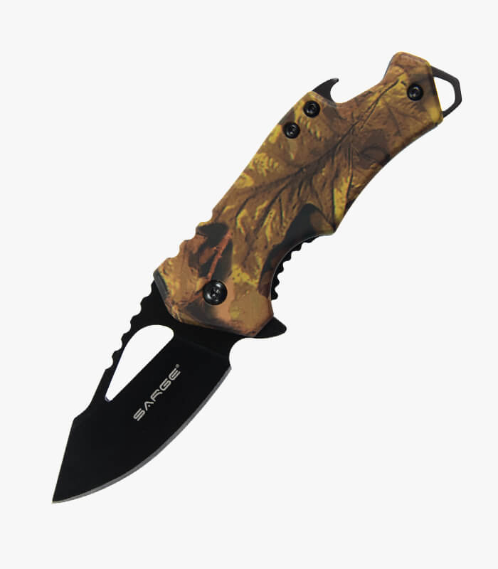A camo handled knife & multi-tool with bottle opener