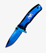 Blue TiN Swift Assist folder knife engraved with logo