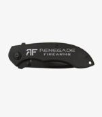 Closed black anodized tactical diamond knife engraved with logo