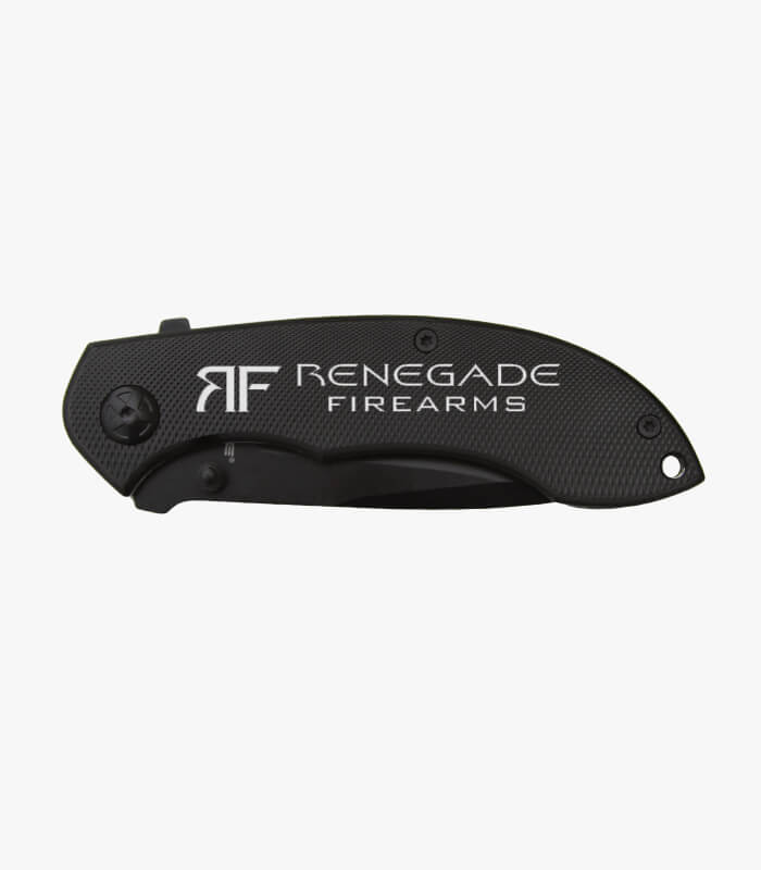 Closed black anodized tactical diamond knife engraved with logo