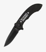 Black anodized tactical diamond knife engraved with logo