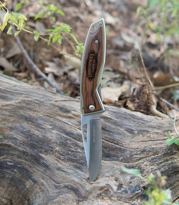The Strive Pakkawood handle knife can be laser engraved with a logo.