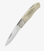 White bone decorative lock back folder knife engraved with logo