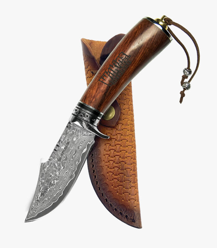 Damascus fixed blade knife engraved with logo and sheath