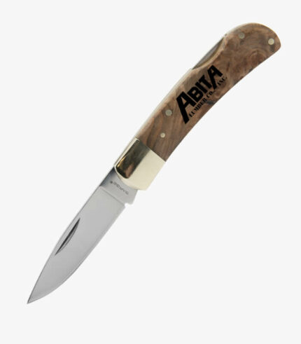 Heirloom maple burl handled folding knife can be custom engraved with your logo