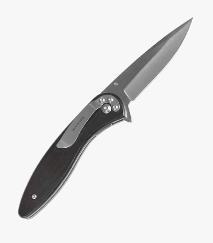 Back of black tactical knife showing pocket clip
