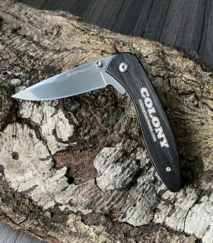 Black tactical Knife engraved with logo