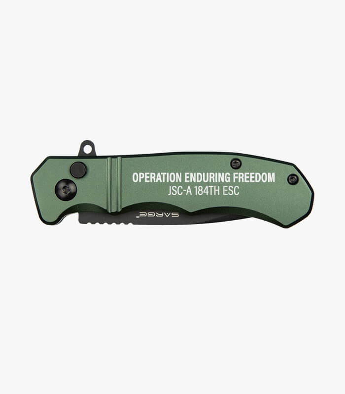 green army tactical knife engraved with logo
