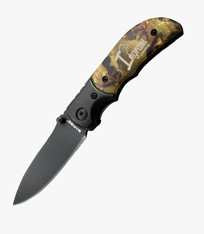 Camo knife engraved with logo