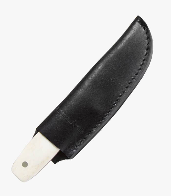 Fixed blade made with white bone and black sheath engraved with logo