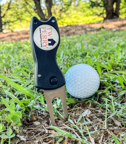 Golf divot tool next to golf ball on green