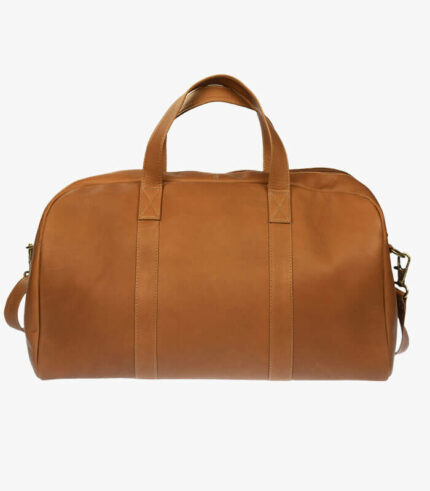 Small leather duffle bag with shoulder strap and carrying handles
