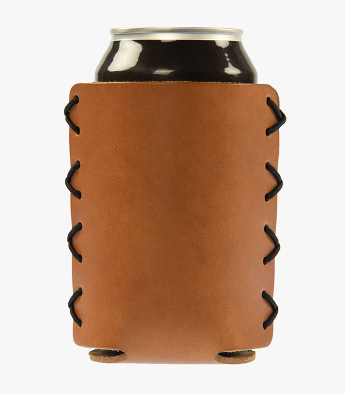 leather can holder holding drink can