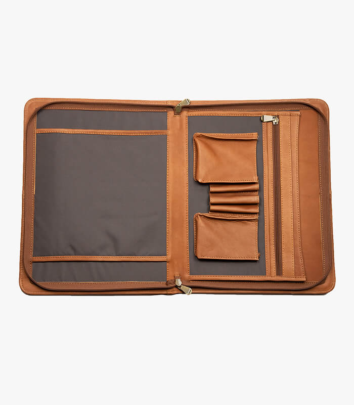 open leather portfolio with pen and paper pockets