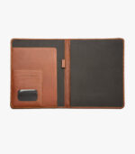 Open leather portfolio with pockets for pens and business cards